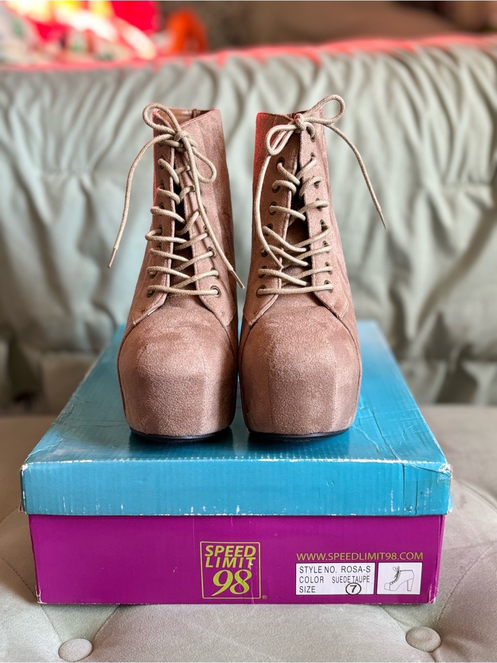Speed Limit 98 Taupe Lace-Up Suede Platform Ankle Boots